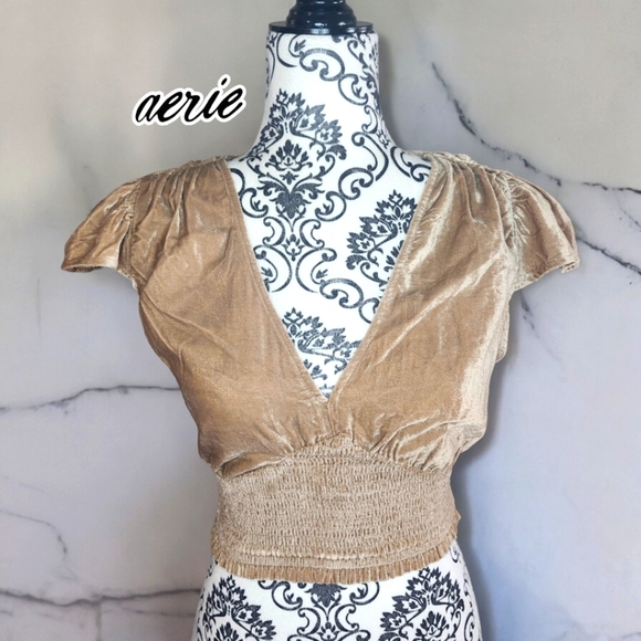 🆕️ AERIE Beige-Gold Crushed Velour Cropped Top- XSmall - Picture 1 of 5
